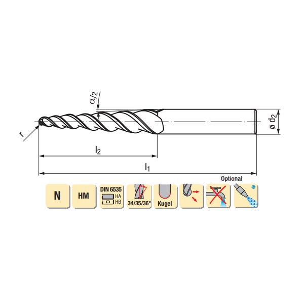 4° Taper / R2 x 87 3 Flute Solid Carbide Tapered Ball Nose Long End Mill Turbine Emuge