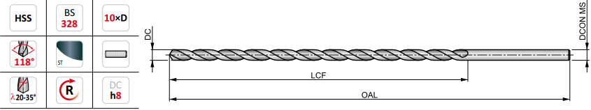 A125 - 11.0mm x 250mm Dormer HSS Extra Long Series Drill - Steam Tempe ...